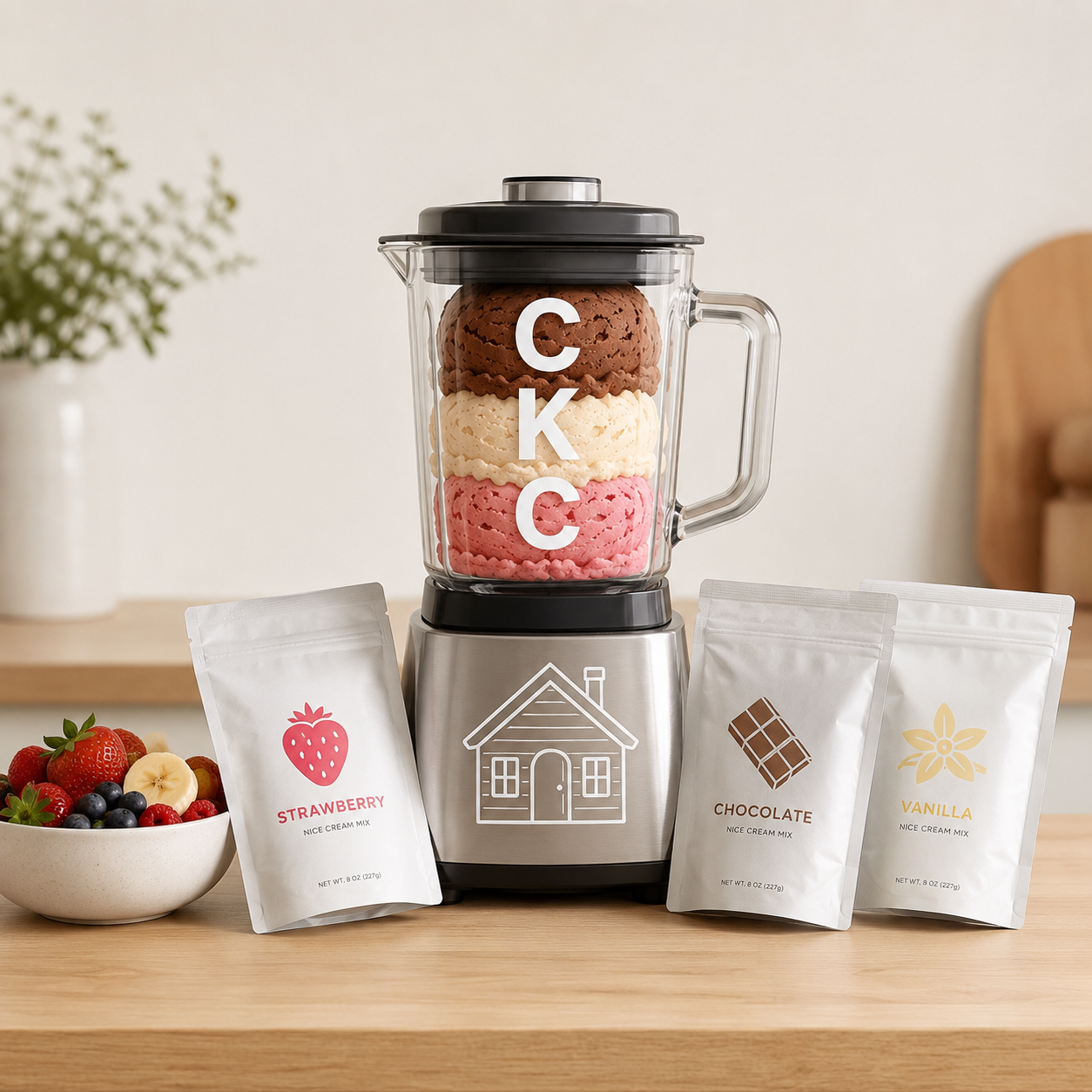 Butcher block counter with blender, CKC nice cream mix pouches, and a bowl of fresh fruit